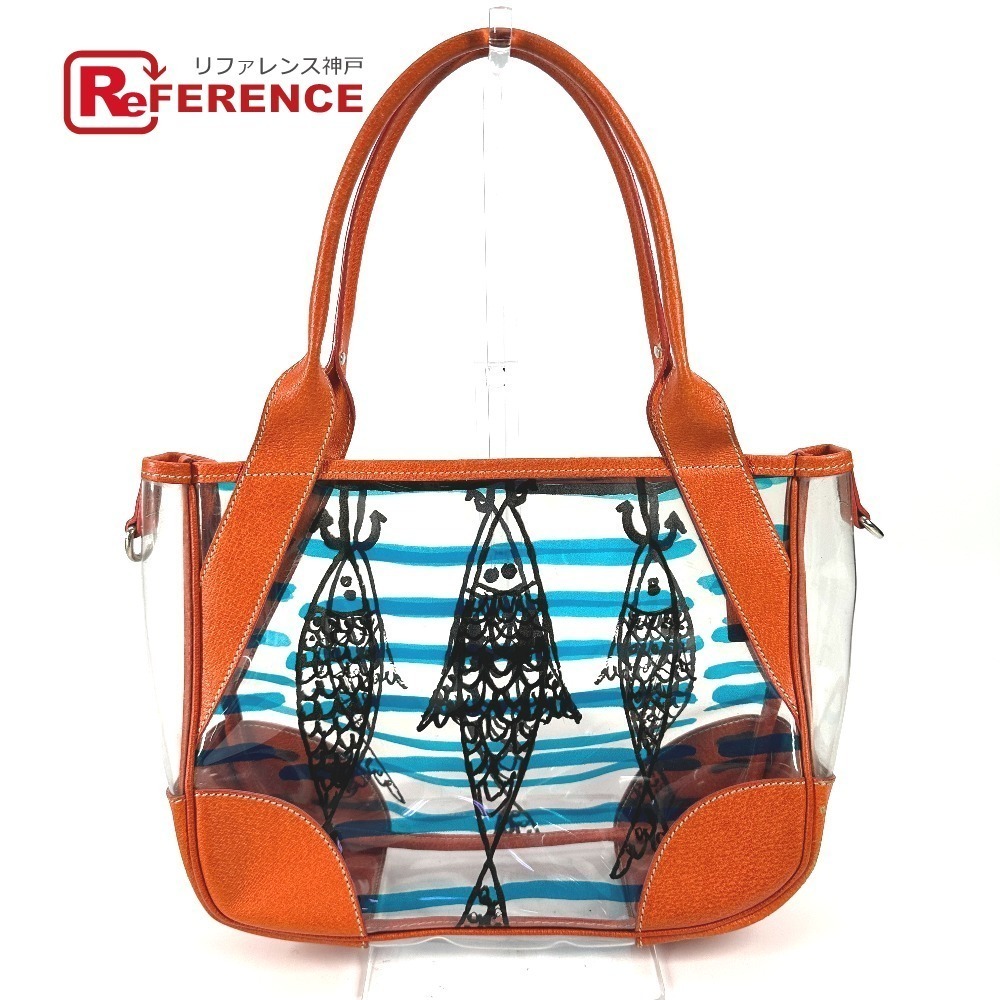 PRADA beach bag logo triangle plate tote shoulder vinyl leather orange